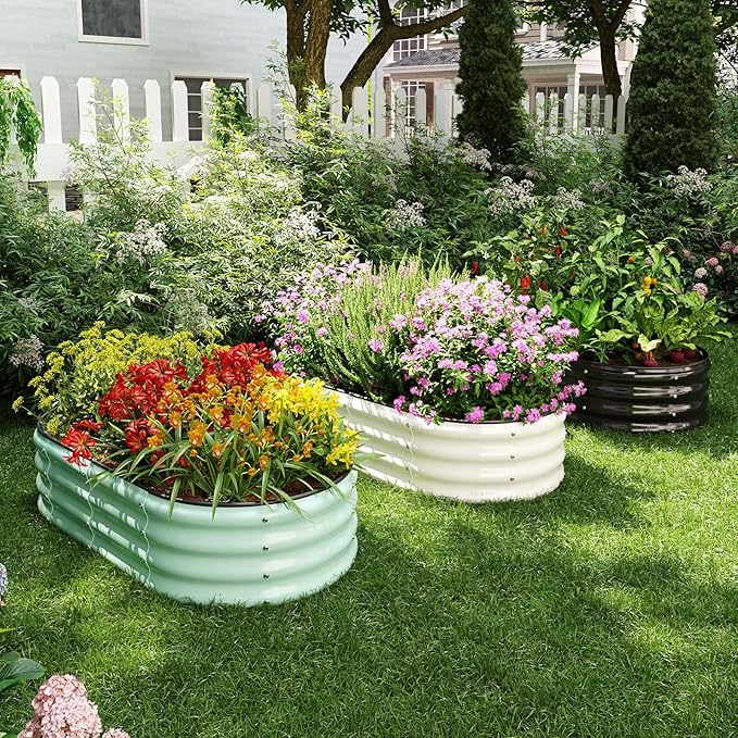 Galvanized Metal Planter Round Raised Garden Bed Kit for Gardening Outdoor，2x2x1ft 2pc Grow Garden Box Raised Flower Bed，Round Galvanized Planter Outdoor Metal Fire Pit Ring Black