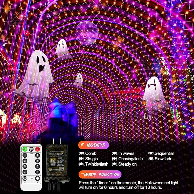 2 Pack Each 200 LED Halloween Net Lights Outdoor Waterproof 3M*2M Mesh Lights Fairy String Lights Plug in with Timer 8 Modes for Bush Window Fence Garden Yard Roof Wall Decor-Purple and Orange