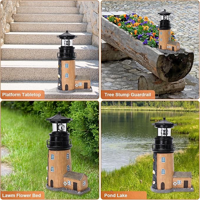 Solar Lighthouse with Rotating Beacon,11.1" Outdoor Garden Lighthouse Decor,Waterproof Statue Light House Lamp for Yard Lawn Patio Gifts