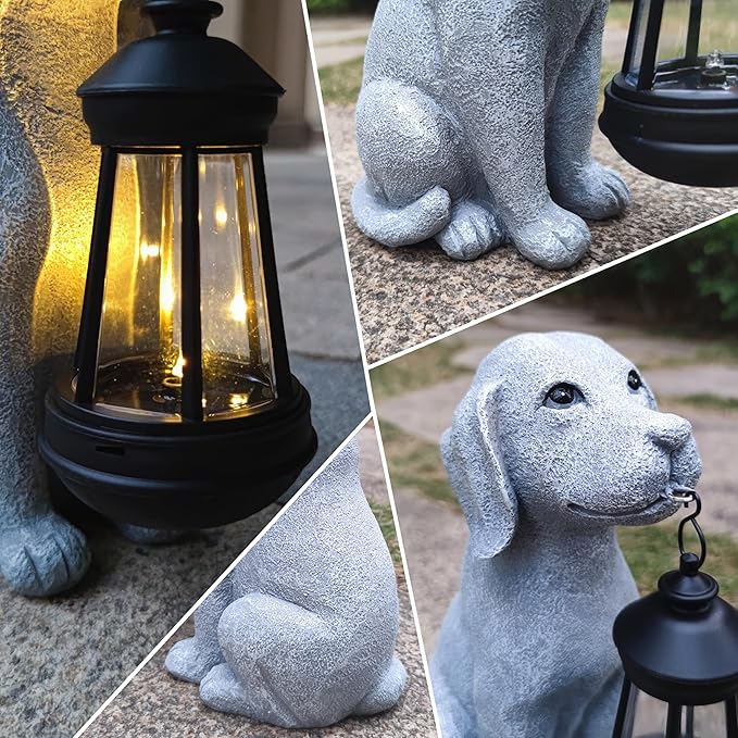 Dog Solar Garden Statues,Resin Dog Figurine Decorations with Solar Lights Lantern, Outdoor Decor Art for Lawn,Yard,Unique Housewarming Gift for Garden Home