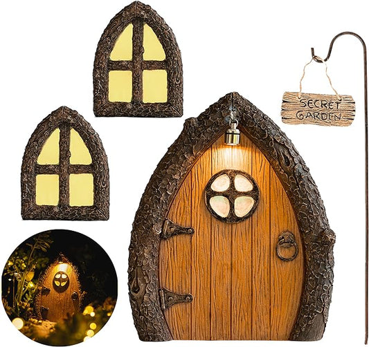 Fairy Door and Windows for Trees – Glow in The Dark Yard Art Sculpture Decoration for Kids Room, Wall and Trees Outdoor | Miniature Fairy Garden Outdoor Decor Accessories with Secret Garden Sign