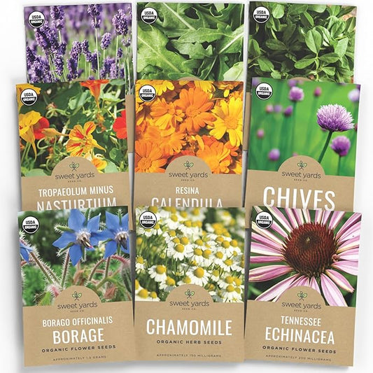 Organic Edible Flower Seeds Variety Pack - 9 Individual Packs - 2025 Season - Lavender, Chamomile, Nasturtium, Calendula and More! for Indoor & Outdoor Planting (Non-GMO, Certified Organic)