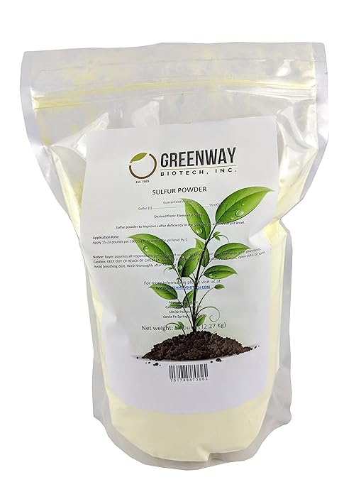 Greenway Biotech Organic Sulfur Powder Fertilizer for Plants- Required to Lower pH & Increased Sulfur Deficiencies- Essential Nutrients for Plant Growth with Macronutrients (5 Pounds)