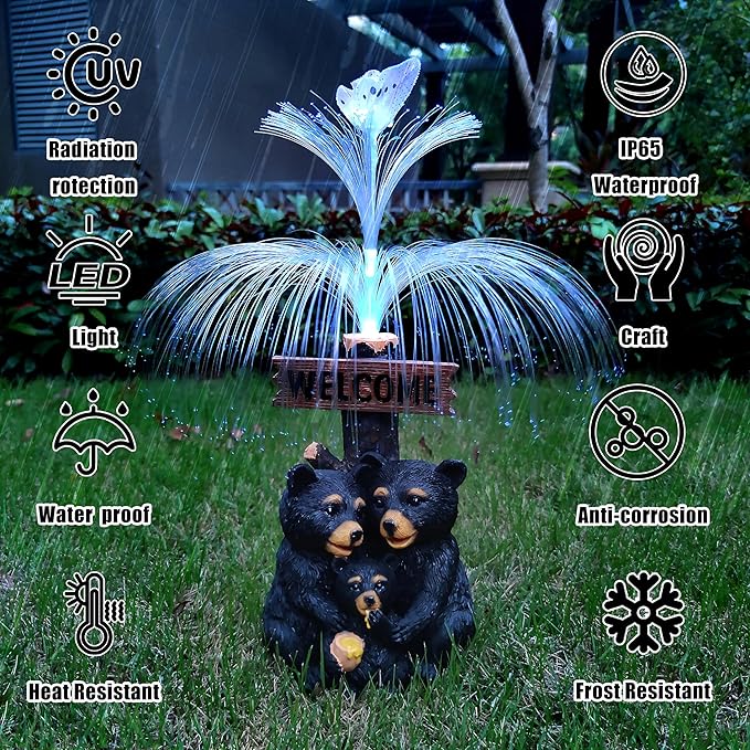 Solar Bear Garden Statues,Resin Black Bear Family Figurine with Welcome Card and 7-Color Changing Optical Fiber with Solar Lights, Lawn Decor Outdoor Statue for Patio,Balcony,Yard,Lawn