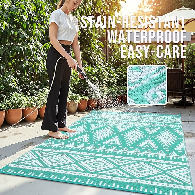 OLANLY Outdoor Rug Waterproof 8x10 ft, Reversible Outdoor Plastic Straw Rug, Boho Patio Rug, Indoor Outdoor Carpet, RV Mat Outside for Patio, Camp, Picnic, Balcony, Deck, Backyard, Turquoise & White