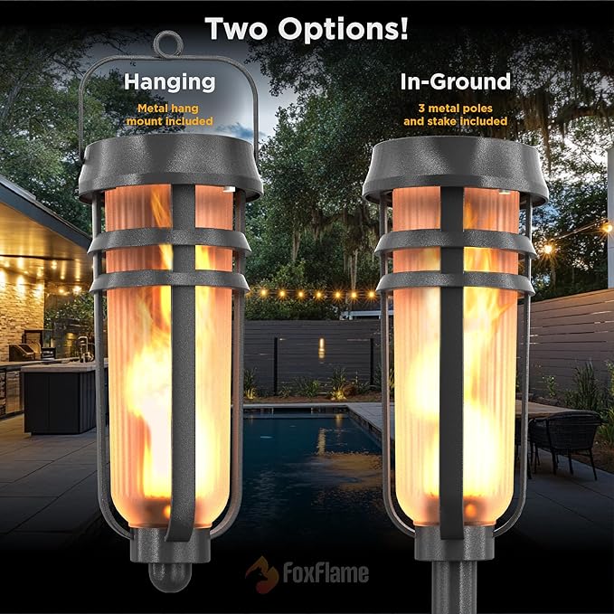 Metal Solar Torch - Adjustable Height (24" - 50"), Outdoor Lights with Flickering Flame, Waterproof Solar Powered Lights, Flame Torches for Patio, Pathway, Yard Decor, Matte Black (2-Pack)