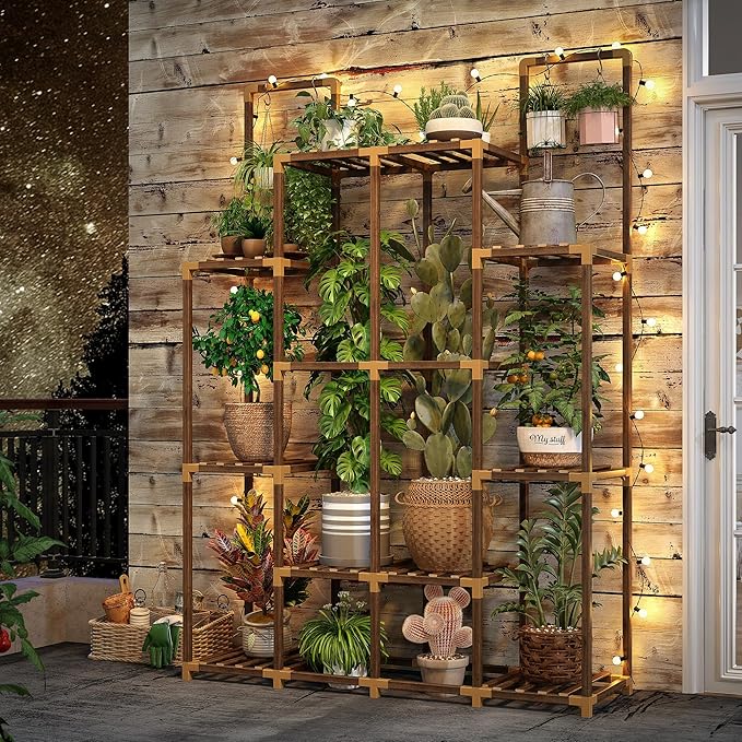 EnHomee Tiered Plant Stand Indoor Outdoor Wood Plant Shelf with 10 Potted & Double Rod Large Plants Holder Load-Bearing 440 LBS Plants Shelves Table 44.8''W*11.6''D*47''H