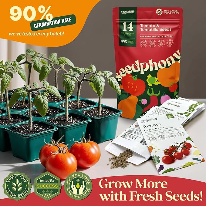 14 Tomatillo & Tomato Seeds for Planting Variety Pack - 990+ Non-GMO Heirloom Vegetable Seeds for Growing Tomato Indoor & Outdoor: Cape Gooseberry, Cherry, Flame, Roma, Pink, Beefsteak Tomatoes