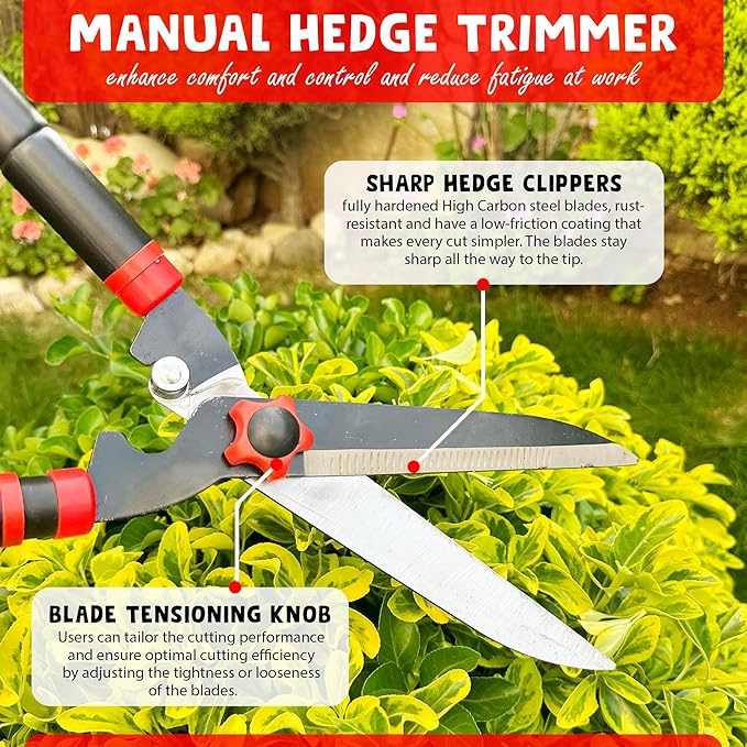 Hedge Shear 15’’-24’’ Extendable Manual Trimmer - Durable Garden Shears for Bushes & Shrubs - Heavy-Duty Gardening Tool for Precise Trimming, Yard Tools for Gardening, Red/Black