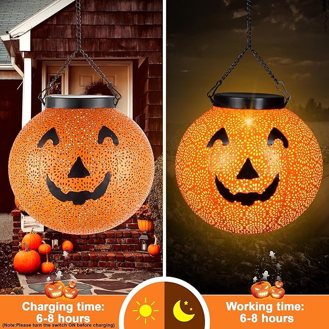 Halloween Solar Hanging Lights Outdoor - Solar Metal Halloween Lantern Decor, Solar Powered Led Waterproof Decorative Round Hanging Light for Garden, Yard, Patio, Pathway, Porch
