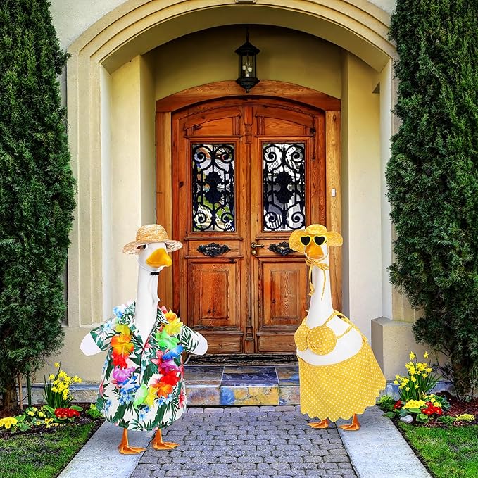 2 Set Hawaiian Luau Porch Goose Outfit for Lawn 23'' Plastic Goose Clothes Costume Summer Outdoor Decor(Bikini)