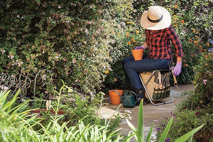 ONIVA - a Picnic Time brand Gardener Folding Seat with Tools, Garden Stool with Detachable Storage Tote Bag, Portable Chair Seat with Garden Tools Set Organizer, Olive Green with Beige Accents