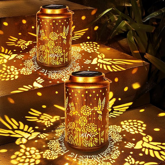 ODEETRONIC 2Pack Hummingbird Solar Lanterns - LED Solar Lantern Lights Outdoor Waterproof, Garden Lantern Lights Birthday Gift for Women, Metal Hummingbird Hanging Lanterns for Garden Yard Patio Decor