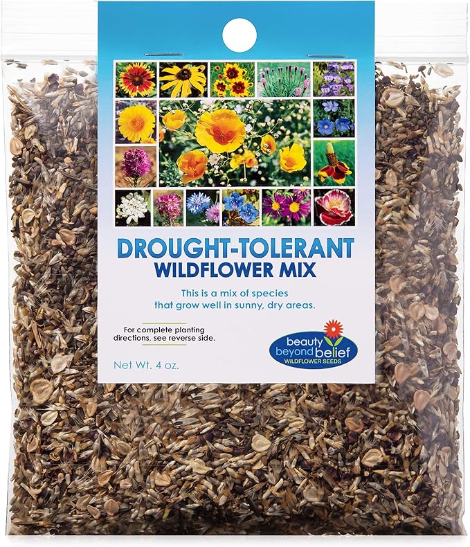 Drought Tolerant Wildflower Seeds - 4oz, Open-Pollinated Bulk Flower Seed Mix for Beautiful Perennial, Annual Garden Flowers - No Fillers - 4 oz Packet