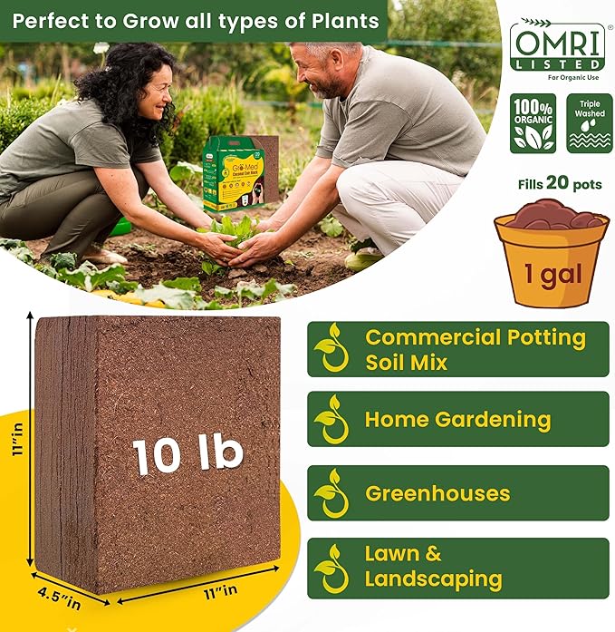 Gro-Med Coco Coir Block - 10lb, Coir Fiber Brick Enriched NPK Expands Upto 80 Quarts - Organic Potting Soil for Flowers, Herbs, Low EC Planting - Growing Medium for Gardening - Seed Starter Soil