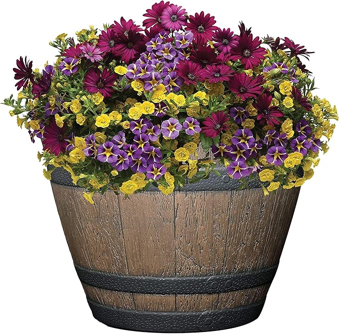 Classic Home and Garden Whiskey Plastic Resin Flower Pot Barrel Planter, Walnut Brown, 15"