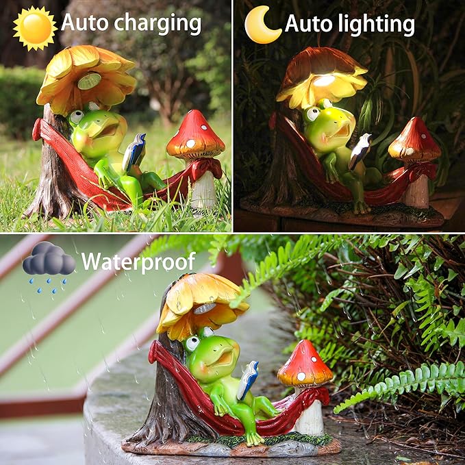 Leekung Solar Frog Garden Decor,Frog Statue with Solar Light for Outdoor Decorations,Reading Frog Figurine Garden Statues for Outside,Patio, Balcony, Yard, Lawn,Spring Decor Gifts for Women