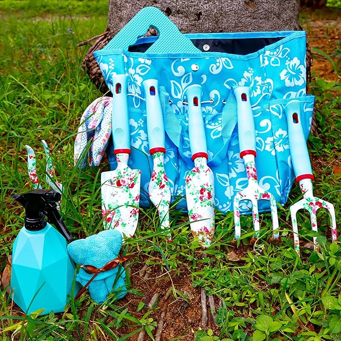Gifts for Mom, JUMPHIGH Womens Gardening Gifts Set, Floral Gardening Tools with Tote Bag, Gifts for Her for Girlfriend, Birthday Gifts for Women, Gardening Kit Womens Gifts for Christmas (Blue)