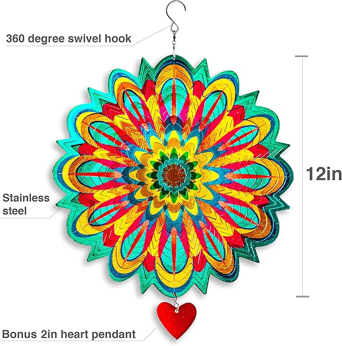 SteadyDoggie Wind Spinner Mandala Flame 12 inches - 3D Stainless Steel - Laser Cut Metal Art Geometric Pattern - Yard Spinners Outdoor - Hanging Wind Spinner, Kinetic Yard Art Decorations