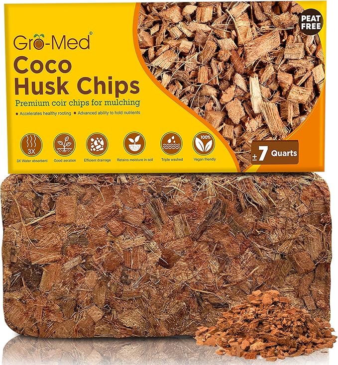 Gro-Med Coco Husk Chips Brick 1.1lb Expands Upto 7 Quarts Coconut Coir Chip, Best Mulching Medium for Plants Gardening, Potting Soil Mix, Orchid Bark Alternative - OMRI Certified, Low EC, Balanced pH
