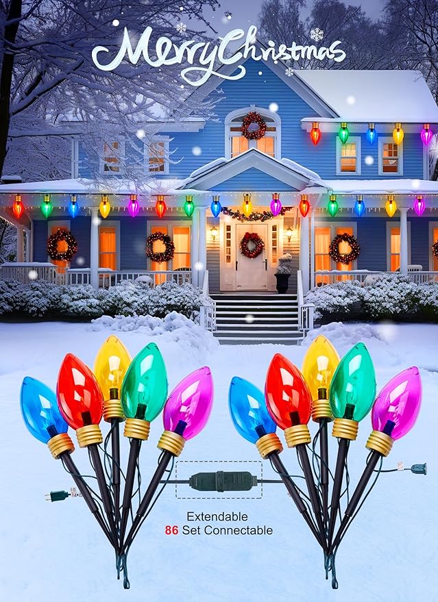 Super Jumbo C9 Christmas Pathway Lights - 11FT 5 LED Walkway Lights, Multicolor Outdoor Decoration for Yard Holiday Lawn