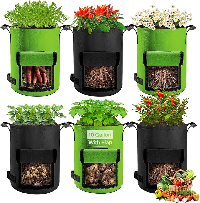 6 Pack Potato Grow Bags 10 Gallon with Flap, Grow Bags for Growing Potatoes, Duarable Fabric Garden Planter Pots with Harvest Window for Vegetable and Fruits, Black & Green