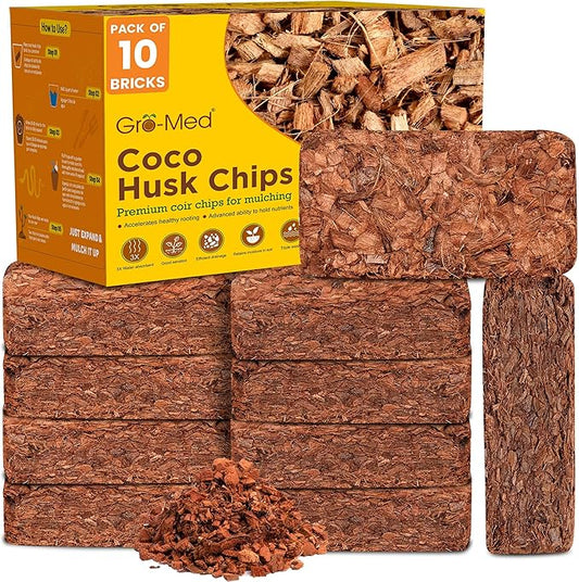 Gro-Med Coco Husk Chips Brick - Expand Upto 70 Quarts Coconut Chip Substrate, Plants, Gardening, Potting Soil Mix, Orchid Bark Alternative-OMRI Certified, Low EC, Balanced pH