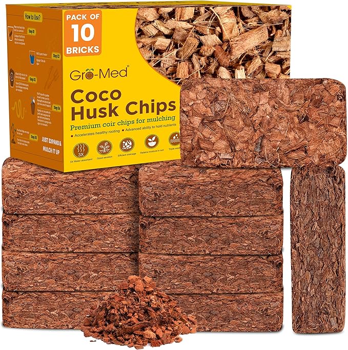 Gro-Med Coco Husk Chips Brick - Expand Upto 70 Quarts Coconut Chip Substrate, Plants, Gardening, Potting Soil Mix, Orchid Bark Alternative-OMRI Certified, Low EC, Balanced pH