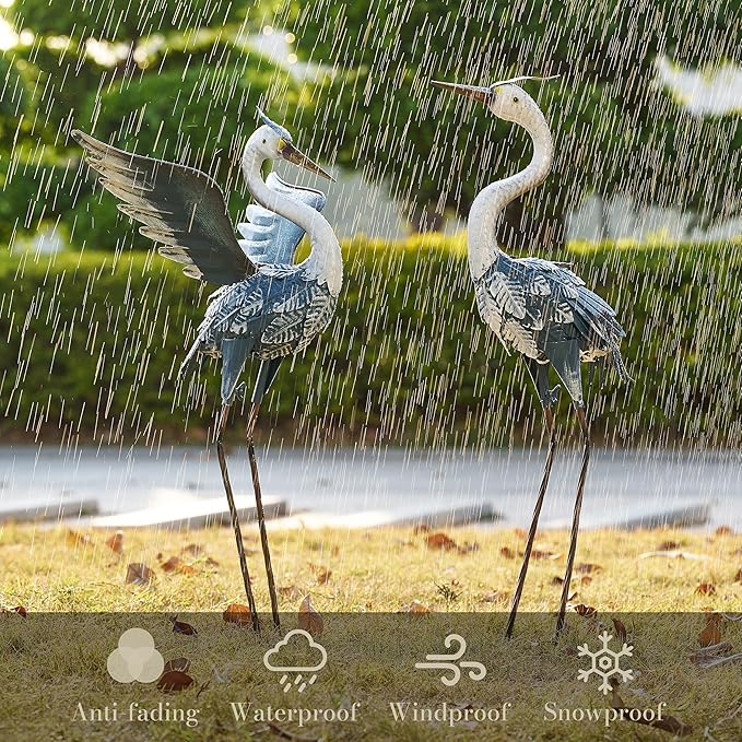 TERESA'S COLLECTIONS Yard Decorations Outdoor Garden Statues, Blue Metal Crane Yard Art, 25-26inch Lawn Ornaments for Backyard, Outside Porch, Patio, Wedding Decor,Set of 2,Spring Decor,Gifts for Mom