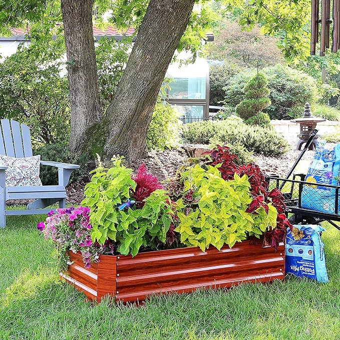 Sunnydaze 11.75" H Raised Metal Garden Bed - Galvanized Raised Garden Bed Outdoor for Vegetables and Flowers - Woodgrain - 4' x 2' Rectangle