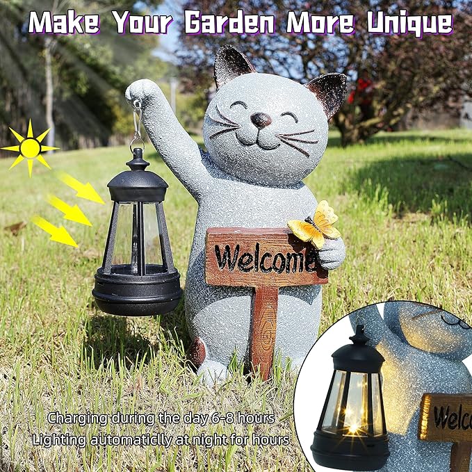 Juegoal Garden Statue Solar Cat Figurine with Lantern, 10" Resin Kitten Outdoor Lawn Porch Yard Art, Lighted Christmas Birthday Gifts for Mom Grandma