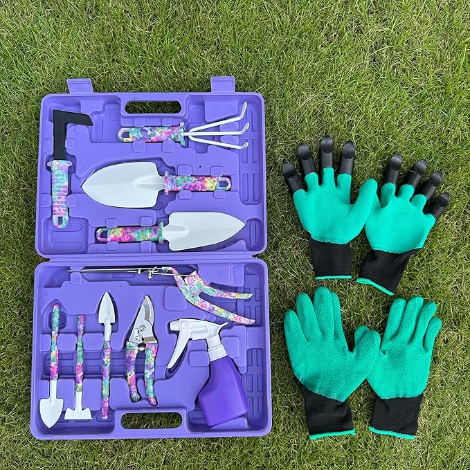 Garden Tool Set 15pcs, Potable Durable Gardening Tools Gift with Anti-Rust Shovel Shears Water Sprayer Digging Claw Gloves Store Case Ideal Gardening Set for Women Great Gift Purple