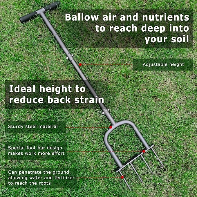 Height Adjustable Mannual Lawn Aerator for Compacted Soils and Lawns Hand Aerator with 4 Spike Aerator