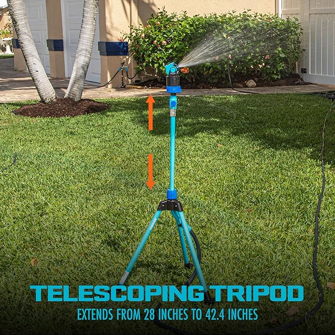 Aqua Joe AJ-6PSTB-MAX HD Sprinkler & Mister W/Metal Tripod Base, 6 Patterns, 4100 Sq. Ft. Coverage, Blue