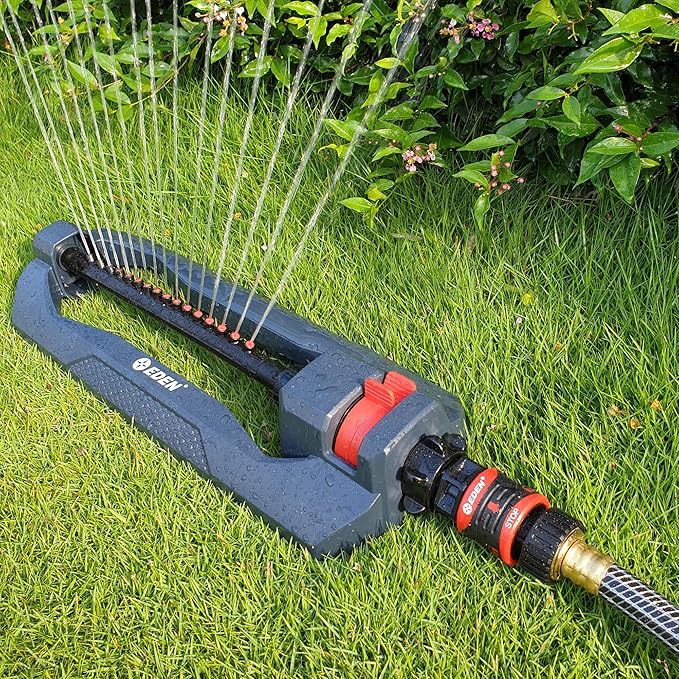 Eden 94113 Lawn & Garden Essential Oscillating Water Sprinkler For Yard W/Quick Connect Starter Set, 16 Nozzles, Covers up to 3,600 sq. ft, Heavy Weight Base