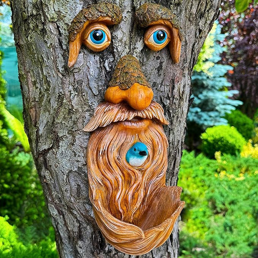 Mood Lab Tree Faces Decor Outdoor - Old Man Bird Feeder - Tree Hugger Garden Decoration - Yard Art Statues