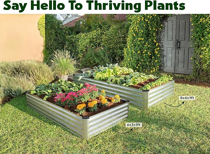 Galvanized Raised Garden Beds Outdoor // 8×4×1 ft (2-Pack) Planter Raised Beds for Gardening, Vegetables, Flowers // Large Metal Garden Box (Silver) // Patented Tool-Free Design