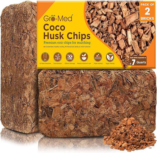 Gro-Med Coco Husk Chips 2s Brick Expands Upto 14 Quarts Coconut Coir Chip 2.2lb, Perfect for Plants, Gardening, Potting Soil Mix, Orchid Bark Alternative-OMRI Certified, Low EC, Balanced pH