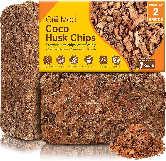 Gro-Med Coco Husk Chips 2s Brick Expands Upto 14 Quarts Coconut Coir Chip 2.2lb, Perfect for Plants, Gardening, Potting Soil Mix, Orchid Bark Alternative-OMRI Certified, Low EC, Balanced pH