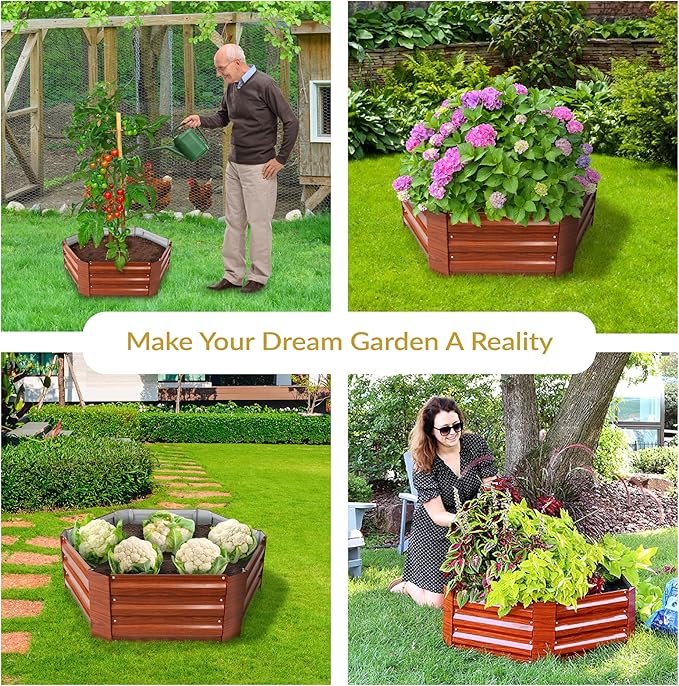 Sunnydaze 11.75" H Raised Metal Garden Bed - Galvanized Raised Garden Bed Outdoor for Vegetables and Flowers - Woodgrain - Hexagon