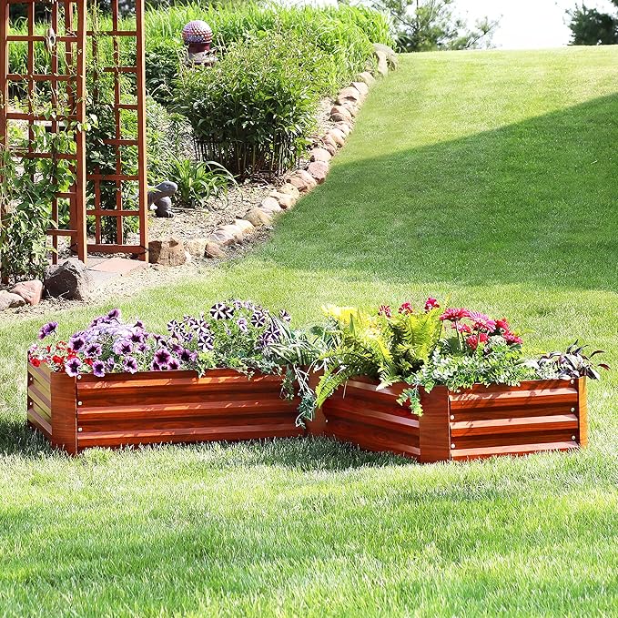 Sunnydaze 11.75" H Raised Metal Garden Bed - Galvanized Raised Garden Bed Outdoor for Vegetables and Flowers - Woodgrain - L-Shaped