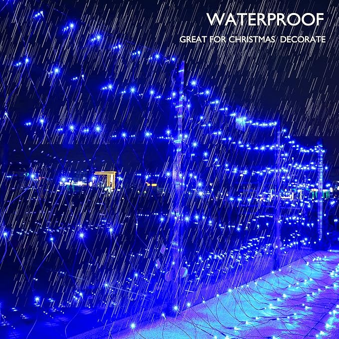 Lomotech 12ft x 5ft 360 LED Christmas Net Lights, 8 Modes Waterproof With Timer Low Voltage Connectable Mesh Lights for Trees, Bushes, Shurb, Garden, Outdoor Decoration(Green Wire, Blue)